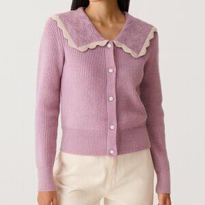 YAS Purple Button Front Cardigan Sweater Medium Scalloped Peter Pan Collar Knit